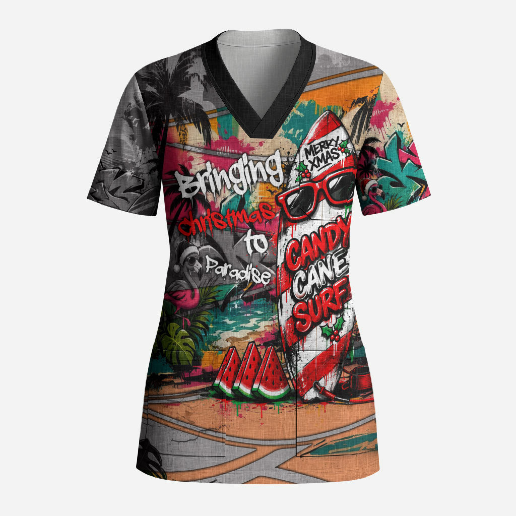 Tropical Christmas In July Candy Cane Surf Scrub Top Vibrant Street Art Beach Graffiti Graphic TS04 Adult Orange Grey - Polynesian Pride