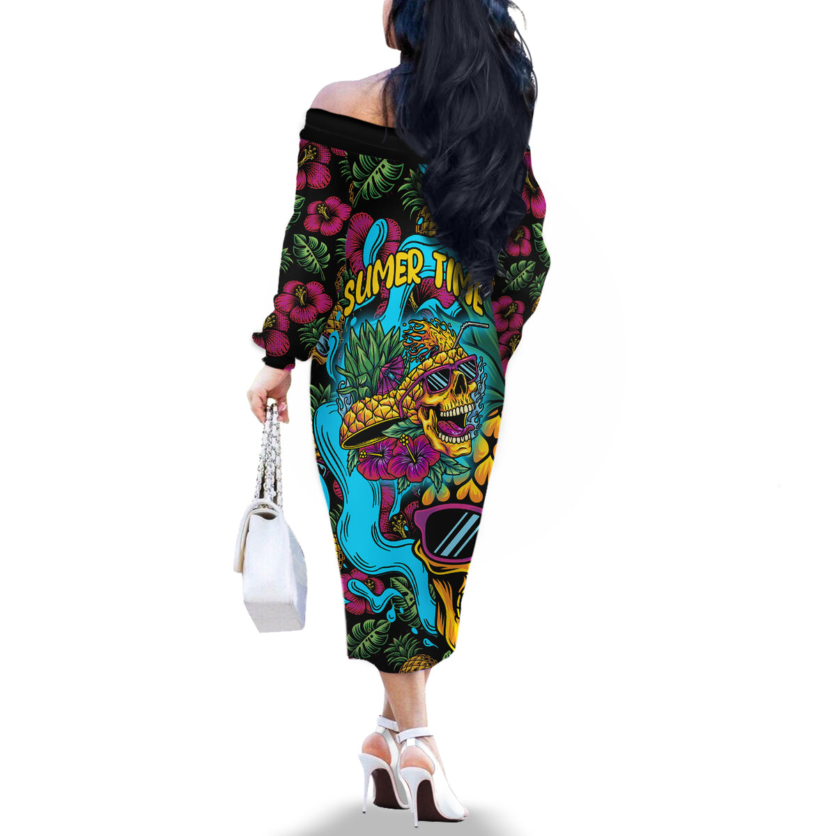 Pineapple Skull Off The Shoulder Long Sleeve Dress Sumer Time TS04 Women Multicolor - Polynesian Pride