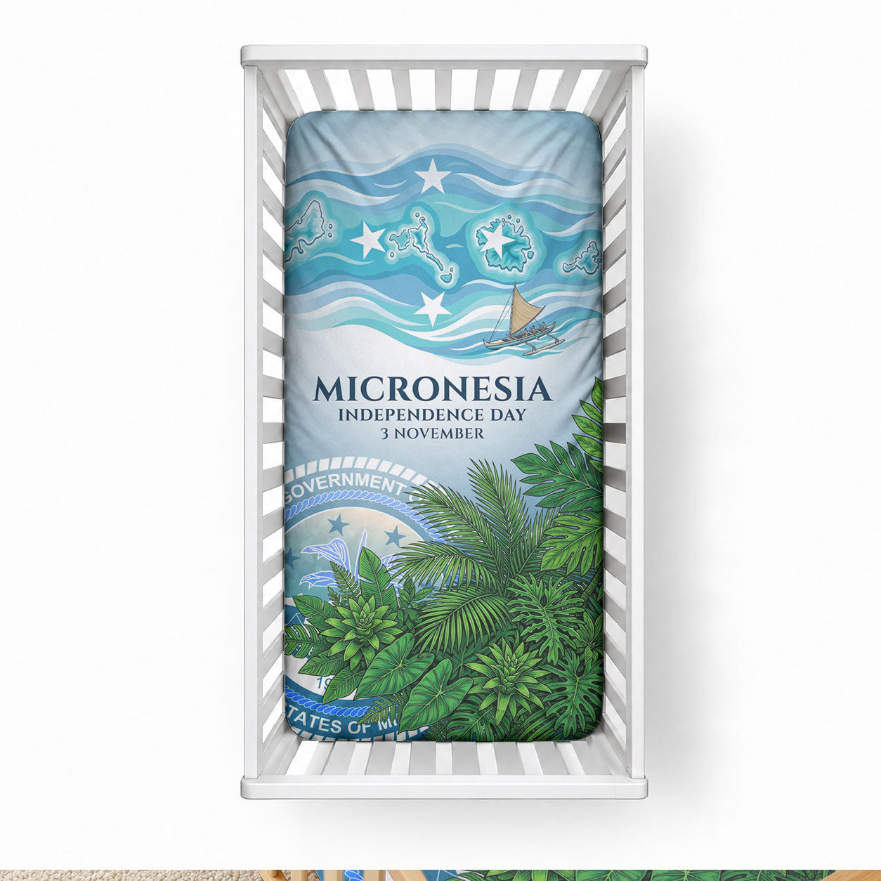 Micronesia Independence Day Baby Bed Cover FSM Patriotic Pacific Island Nan Madol Ruins Seabird Tropical TS04 28 × 52 in Blue Green - Polynesian Pride