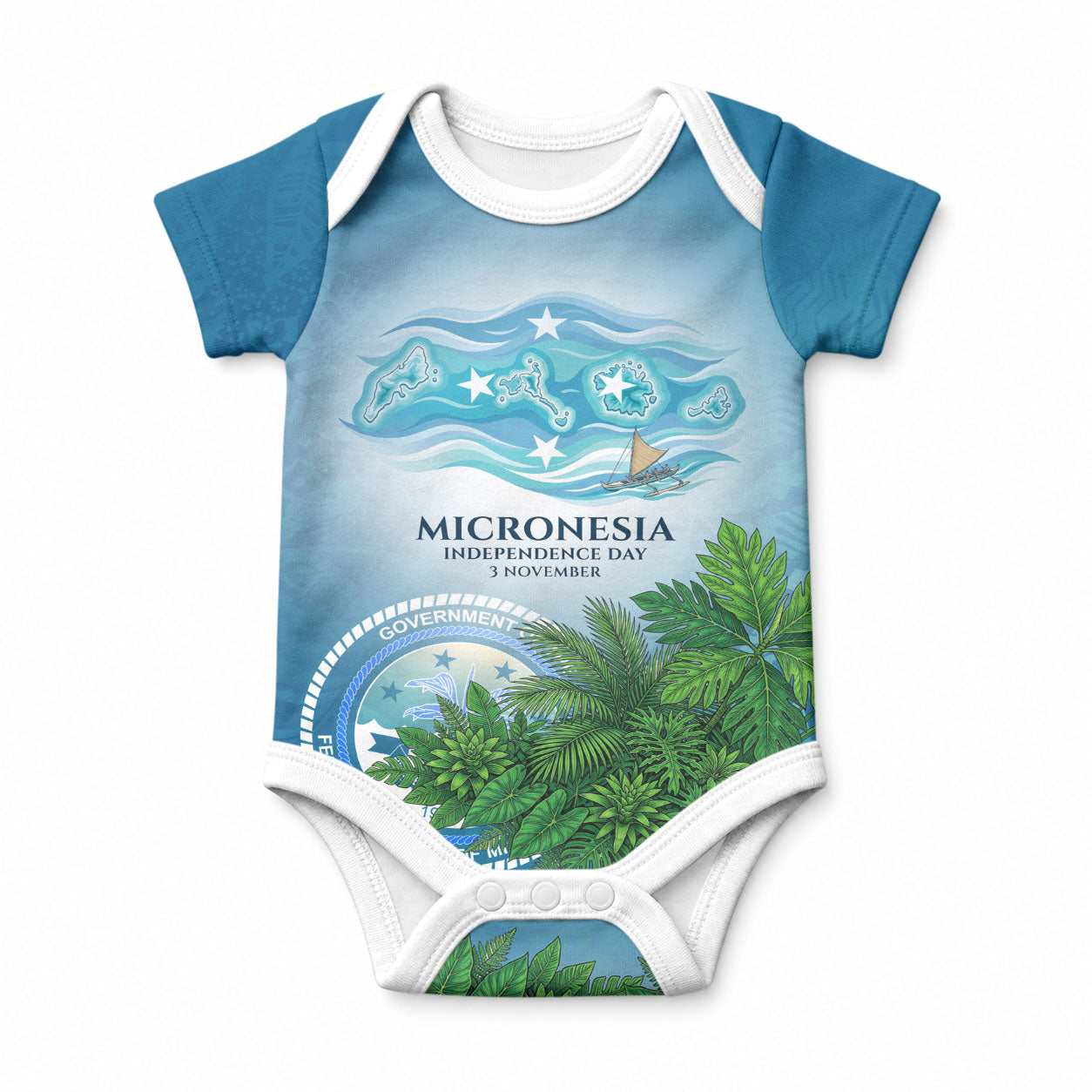 Micronesia Independence Day Baby Onesie FSM Patriotic Pacific Island Nan Madol Ruins Seabird Tropical TS04 Blue Green - Polynesian Pride