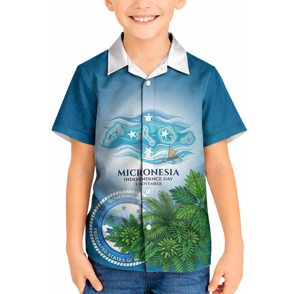 Micronesia Independence Day Kid Hawaiian Shirt FSM Patriotic Pacific Island Nan Madol Ruins Seabird Tropical TS04 Kid Blue Green - Polynesian Pride