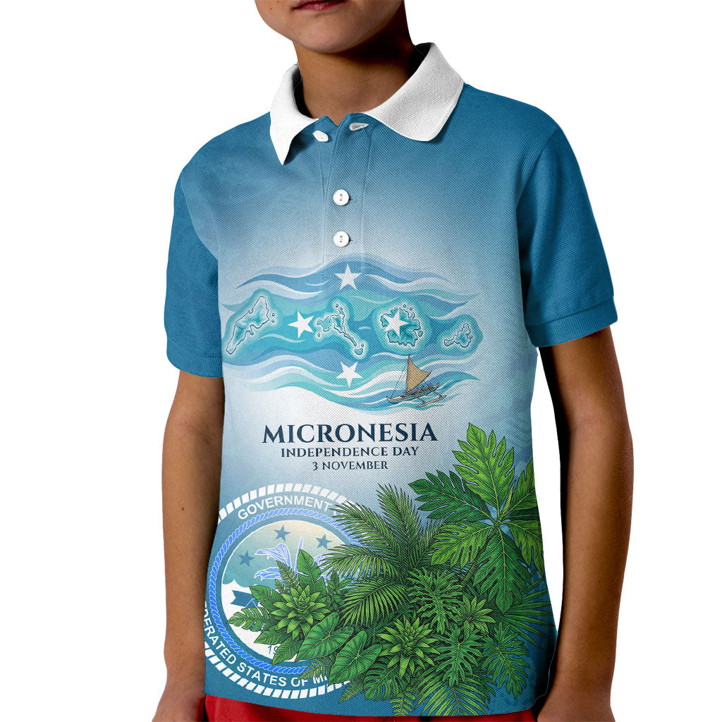 Micronesia Independence Day Kid Polo Shirt FSM Patriotic Pacific Island Nan Madol Ruins Seabird Tropical TS04 Kid Blue Green - Polynesian Pride