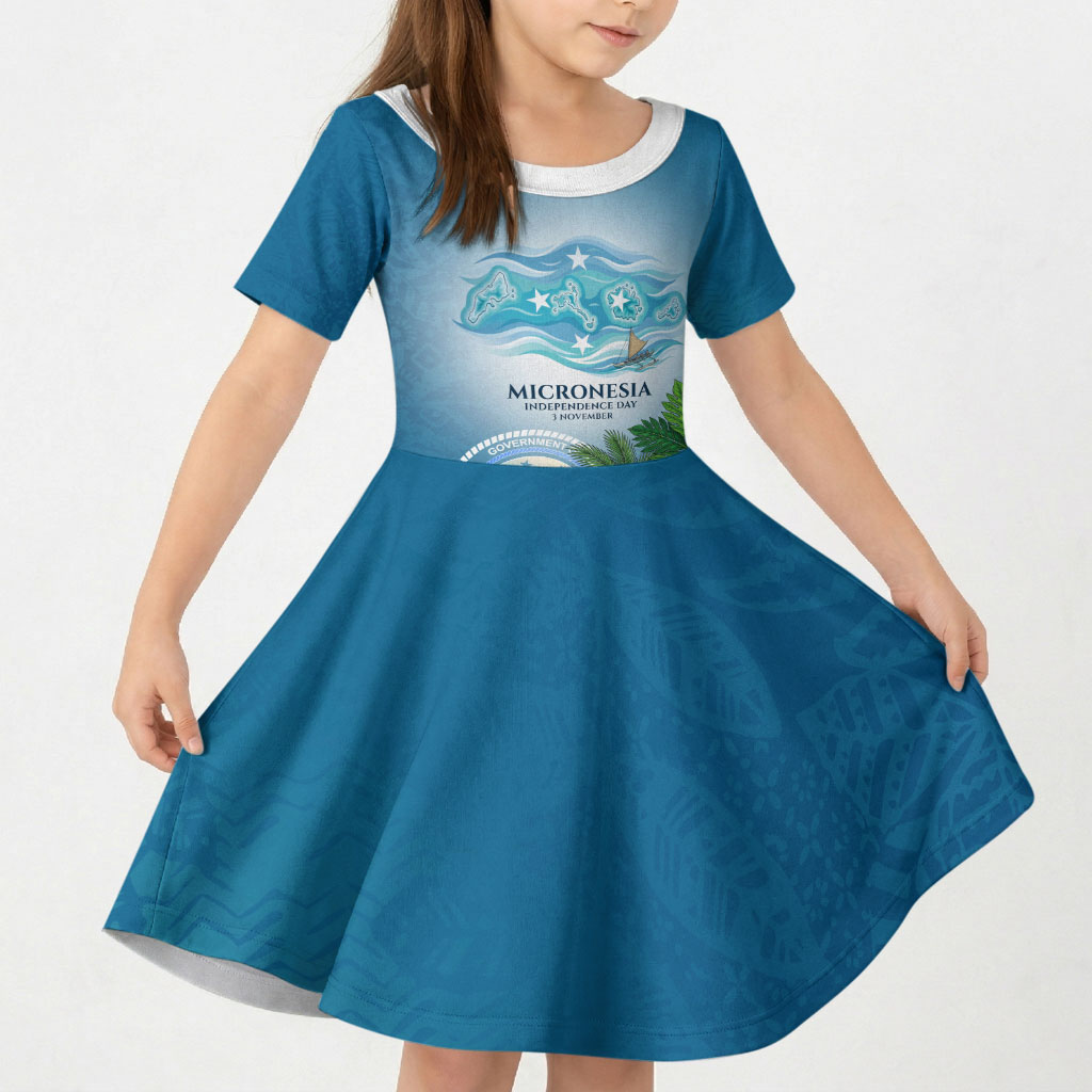Micronesia Independence Day Kid Short Sleeve Dress FSM Patriotic Pacific Island Nan Madol Ruins Seabird Tropical