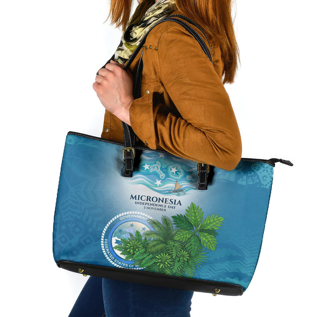 Micronesia Independence Day Leather Tote Bag FSM Patriotic Pacific Island Nan Madol Ruins Seabird Tropical TS04 Blue Green - Polynesian Pride
