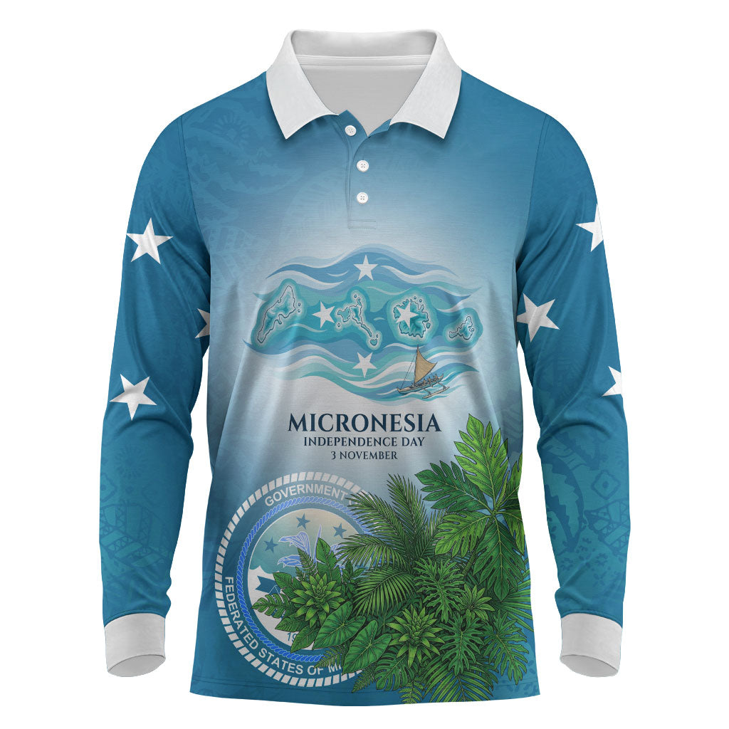 Micronesia Independence Day Long Sleeve Polo Shirt FSM Patriotic Pacific Island Nan Madol Ruins Seabird Tropical TS04 Blue Green - Polynesian Pride
