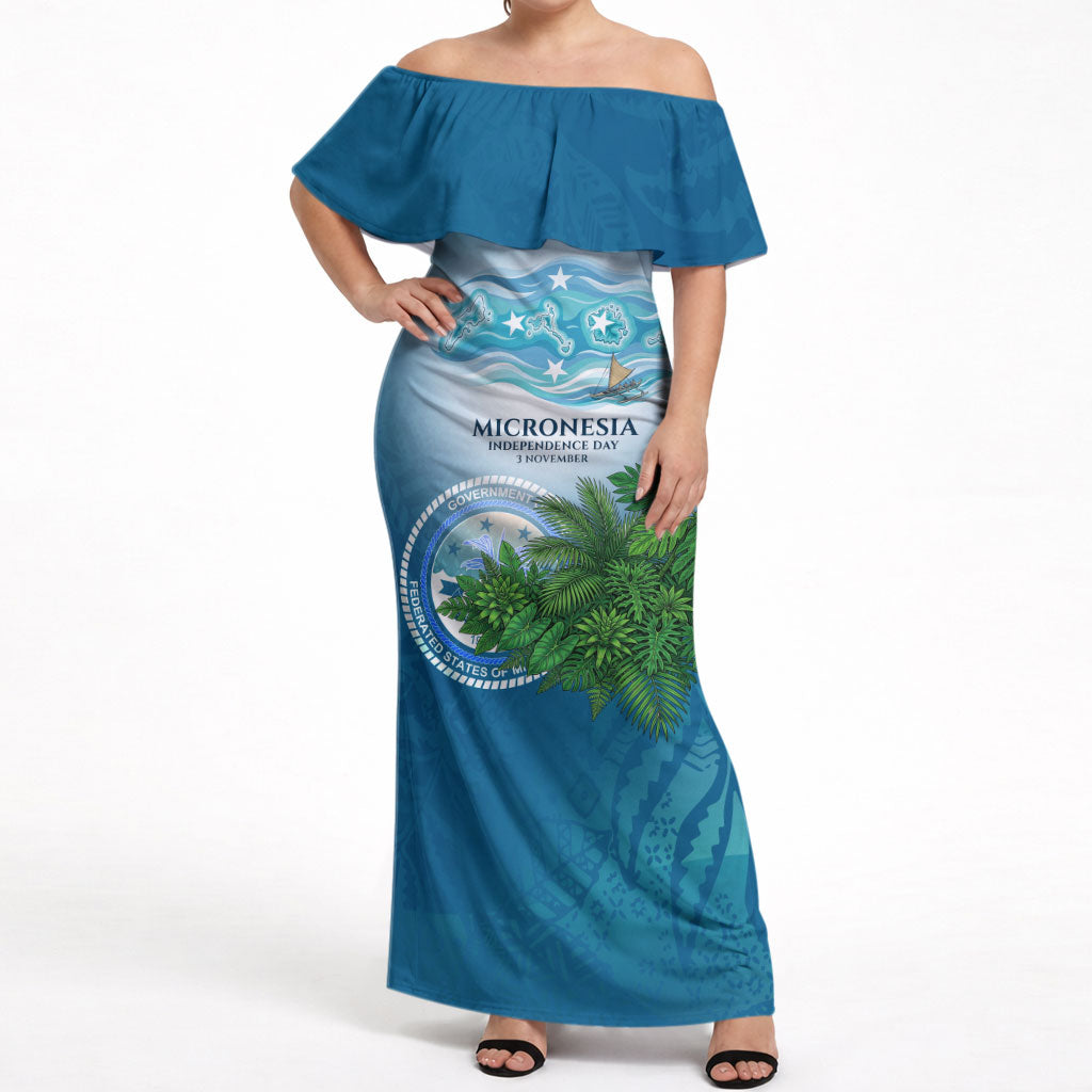Micronesia Independence Day Off Shoulder Maxi Dress FSM Patriotic Pacific Island Nan Madol Ruins Seabird Tropical TS04 Women Blue Green - Polynesian Pride