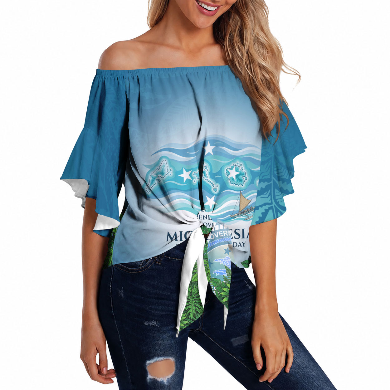 Micronesia Independence Day Off Shoulder Wrap Waist Top FSM Patriotic Pacific Island Nan Madol Ruins Seabird Tropical TS04 Blue Green - Polynesian Pride