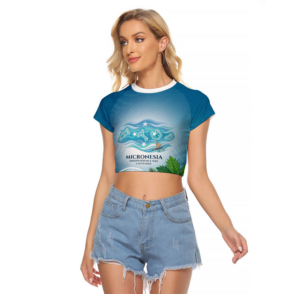 Micronesia Independence Day Raglan Cropped T Shirt FSM Patriotic Pacific Island Nan Madol Ruins Seabird Tropical TS04 Female Blue Green - Polynesian Pride