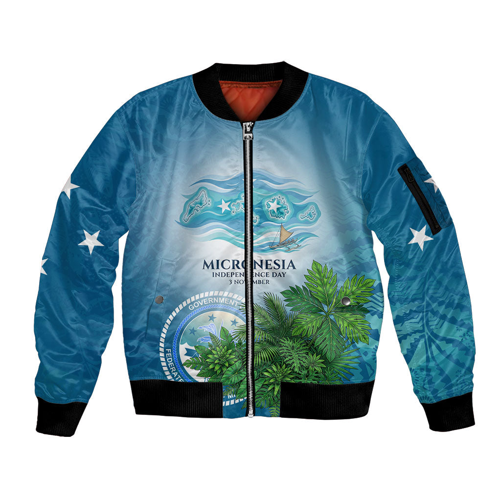 Micronesia Independence Day Sleeve Zip Bomber Jacket FSM Patriotic Pacific Island Nan Madol Ruins Seabird Tropical TS04 Unisex Blue Green - Polynesian Pride