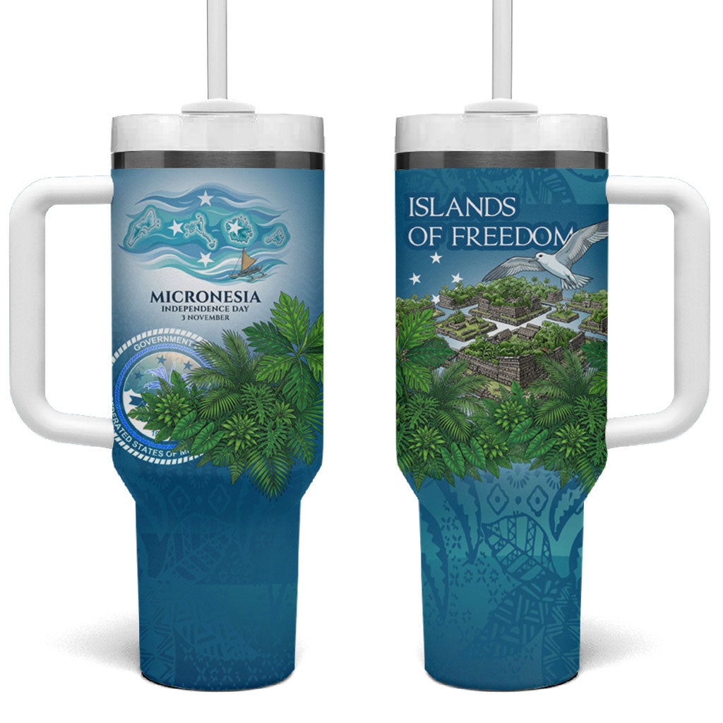 Micronesia Independence Day Tumbler With Handle FSM Patriotic Pacific Island Nan Madol Ruins Seabird Tropical TS04 One Size: 40 oz Blue Green - Polynesian Pride