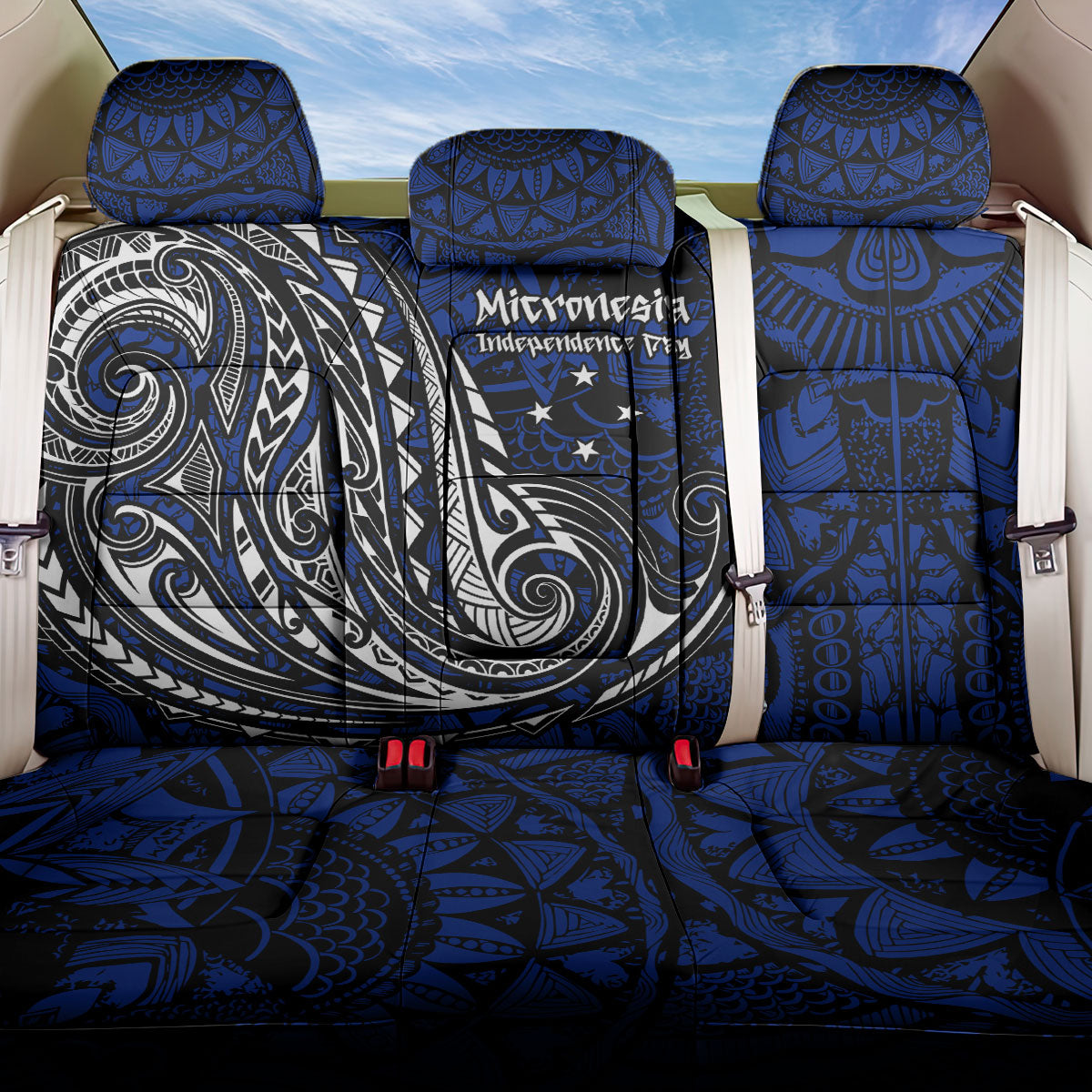 Micronesia Independence Day FSM Back Car Seat Cover Tribal Tattoo Pattern Flag Seal Heritage TS04 One Size Blue Black - Polynesian Pride