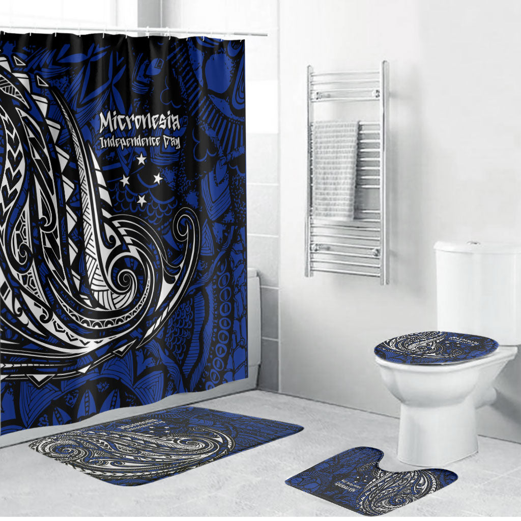 Micronesia Independence Day FSM Bathroom Set Tribal Tattoo Pattern Flag Seal Heritage TS04 Bathroom Set (4 pcs) Blue Black - Polynesian Pride
