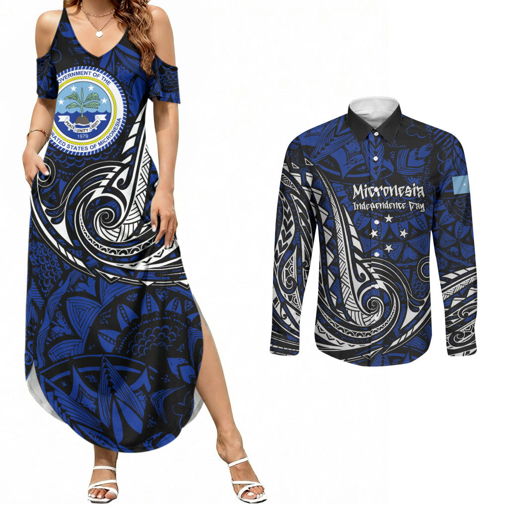 Micronesia Independence Day FSM Couples Matching Summer Maxi Dress and Long Sleeve Button Shirt Tribal Tattoo Pattern Flag Seal Heritage TS04 Blue Black - Polynesian Pride