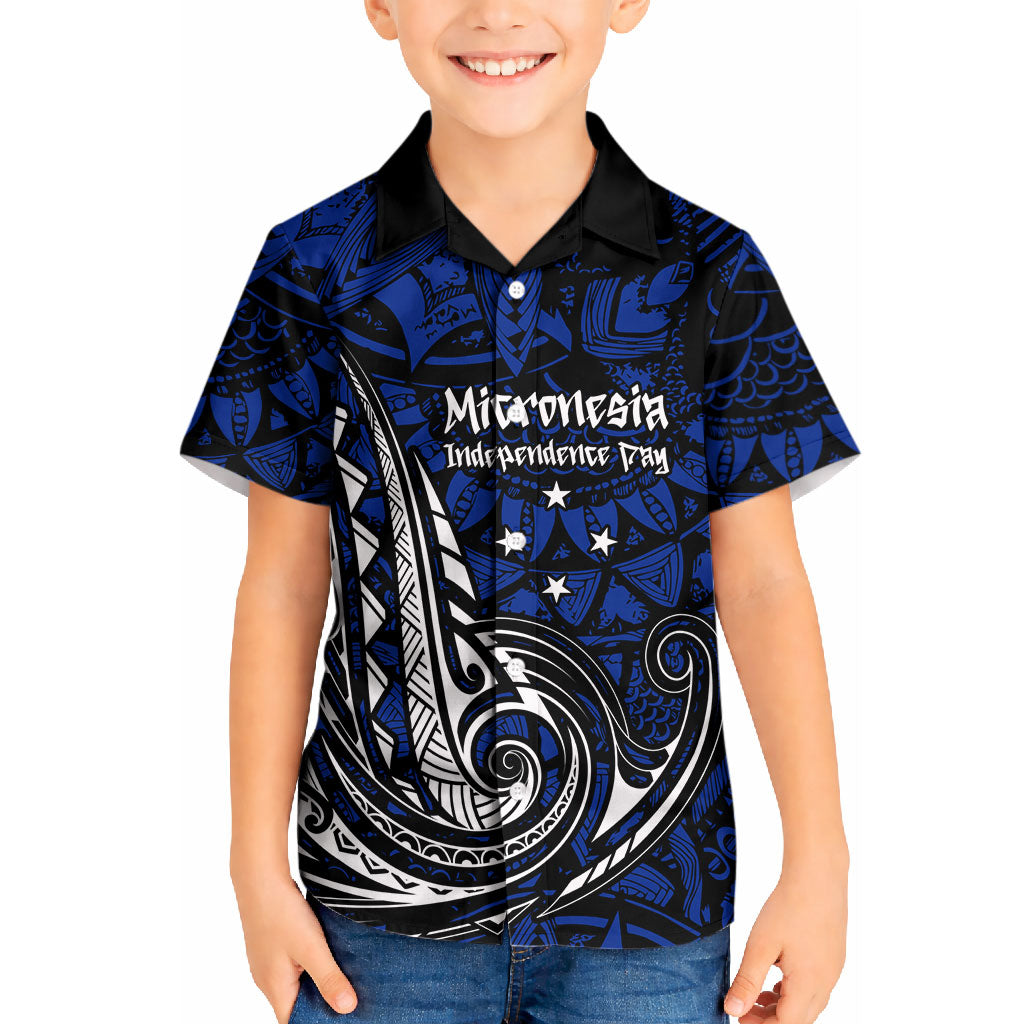 Micronesia Independence Day FSM Kid Hawaiian Shirt Tribal Tattoo Pattern Flag Seal Heritage TS04 Kid Blue Black - Polynesian Pride