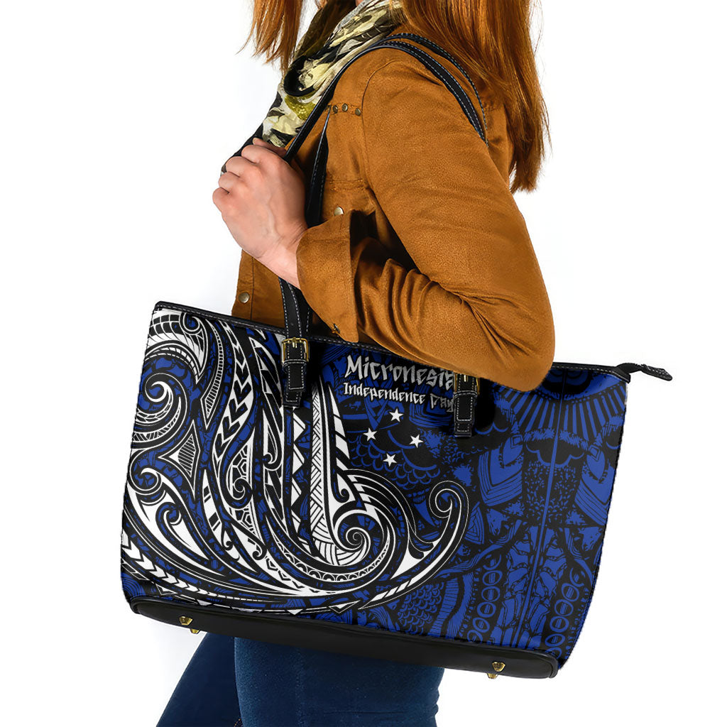 Micronesia Independence Day FSM Leather Tote Bag Tribal Tattoo Pattern Flag Seal Heritage TS04 Blue Black - Polynesian Pride