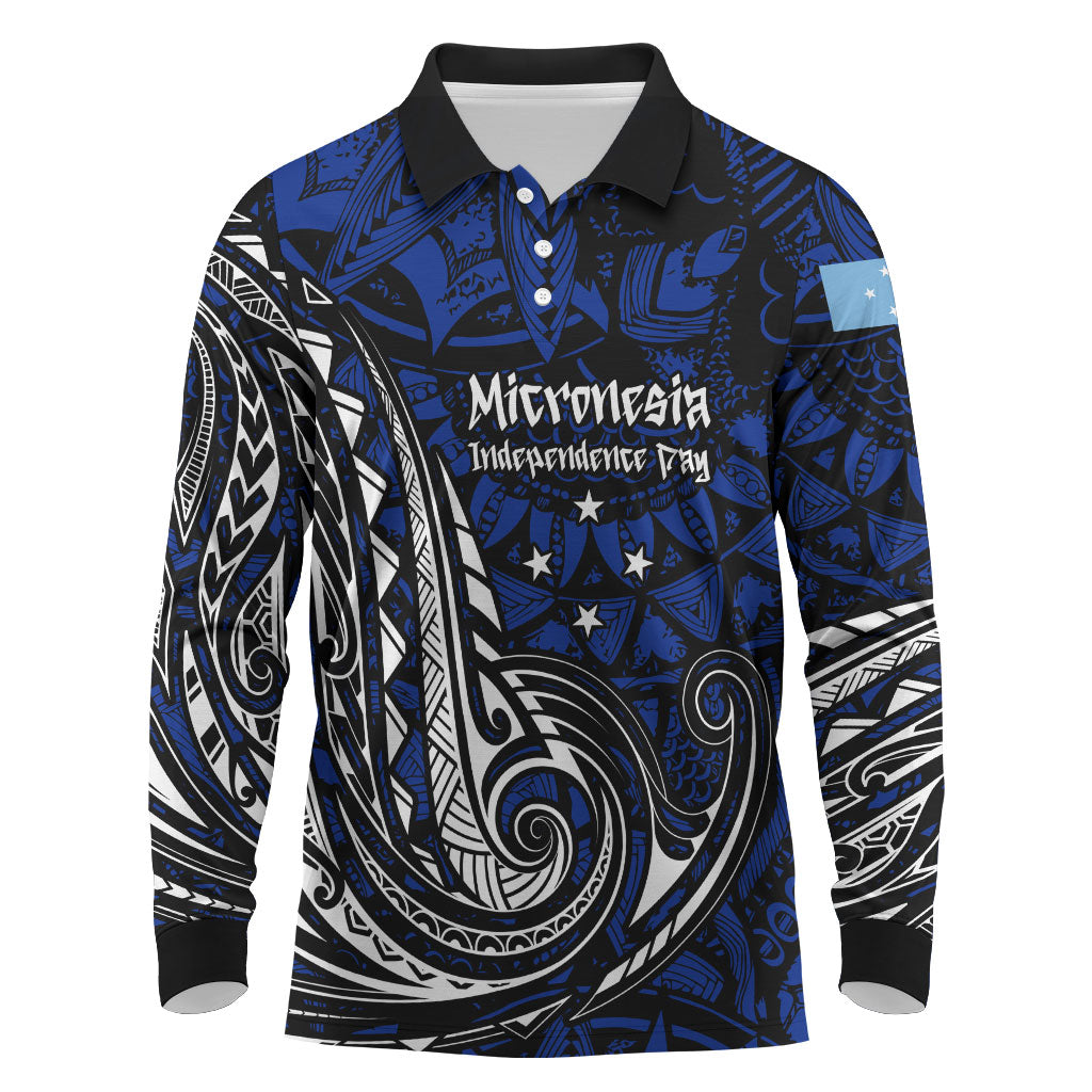 Micronesia Independence Day FSM Long Sleeve Polo Shirt Tribal Tattoo Pattern Flag Seal Heritage TS04 Blue Black - Polynesian Pride