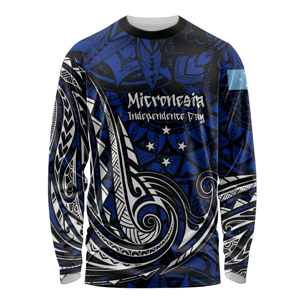 Micronesia Independence Day FSM Long Sleeve Shirt Tribal Tattoo Pattern Flag Seal Heritage TS04 Unisex Blue Black - Polynesian Pride