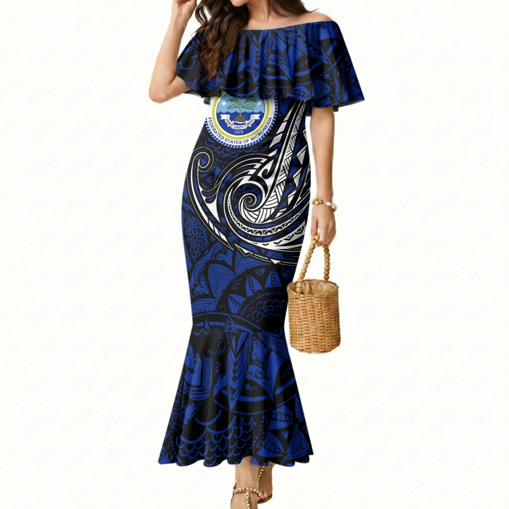 Micronesia Independence Day FSM Mermaid Dress Tribal Tattoo Pattern Flag Seal Heritage TS04 Women Blue Black - Polynesian Pride