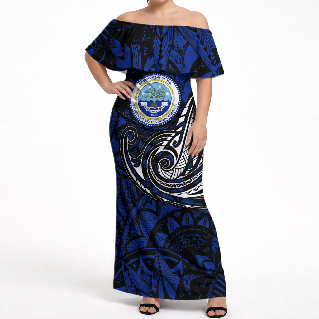Micronesia Independence Day FSM Off Shoulder Maxi Dress Tribal Tattoo Pattern Flag Seal Heritage TS04 Women Blue Black - Polynesian Pride
