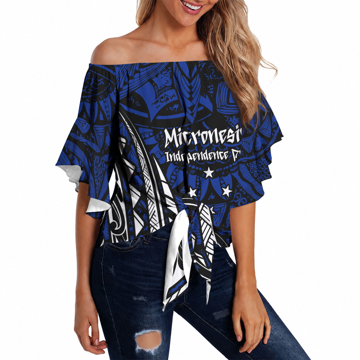 Micronesia Independence Day FSM Off Shoulder Wrap Waist Top Tribal Tattoo Pattern Flag Seal Heritage TS04 Blue Black - Polynesian Pride