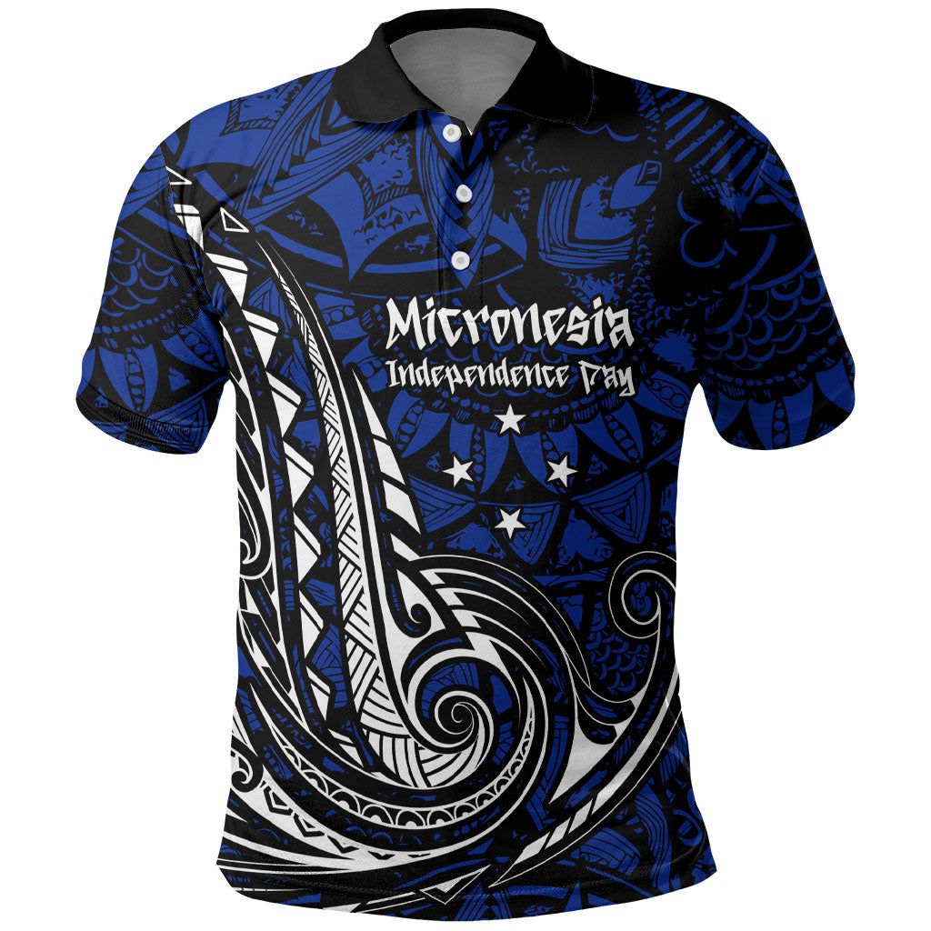 Micronesia Independence Day FSM Polo Shirt Tribal Tattoo Pattern Flag Seal Heritage TS04 Blue Black - Polynesian Pride