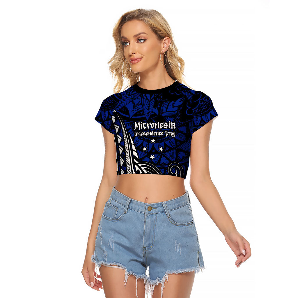 Micronesia Independence Day FSM Raglan Cropped T Shirt Tribal Tattoo Pattern Flag Seal Heritage TS04 Female Blue Black - Polynesian Pride