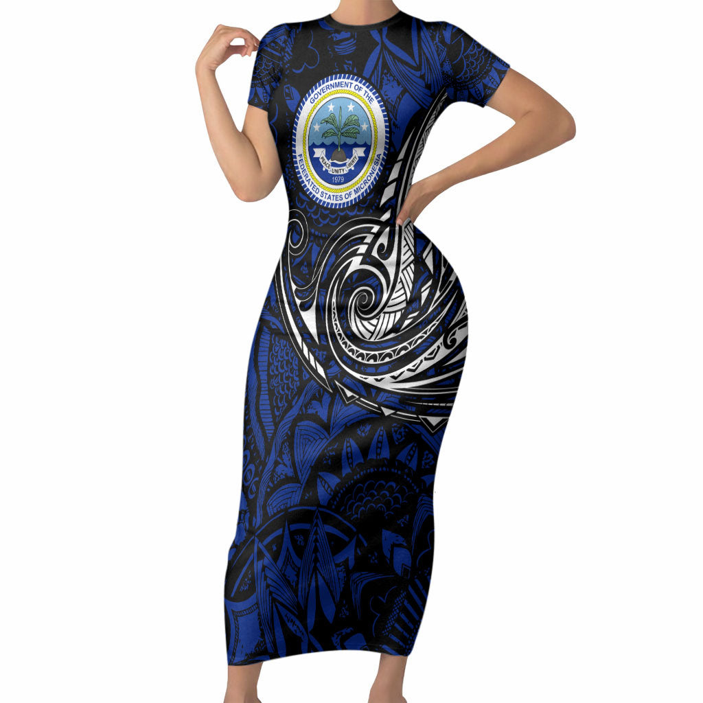 Micronesia Independence Day FSM Short Sleeve Bodycon Dress Tribal Tattoo Pattern Flag Seal Heritage TS04 Long Dress Blue Black - Polynesian Pride
