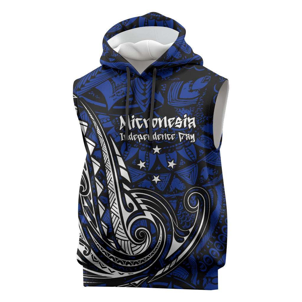 Micronesia Independence Day FSM Sleeveless Hoodie Tribal Tattoo Pattern Flag Seal Heritage TS04 Blue Black - Polynesian Pride