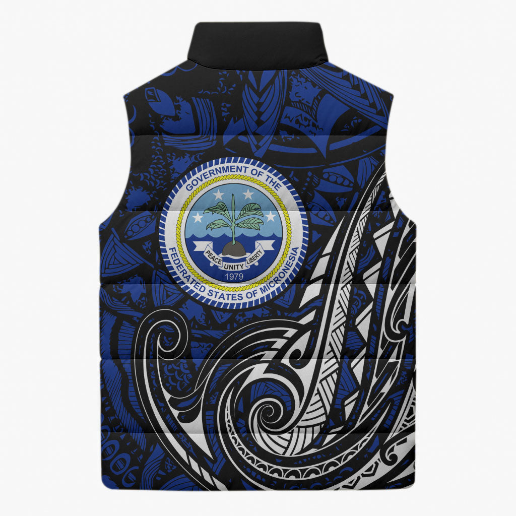 Micronesia Independence Day FSM Sleeveless Puffer Jacket Tribal Tattoo Pattern Flag Seal Heritage TS04 - Polynesian Pride