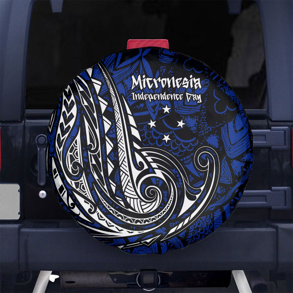 Micronesia Independence Day FSM Spare Tire Cover Tribal Tattoo Pattern Flag Seal Heritage TS04 No hole Blue Black - Polynesian Pride