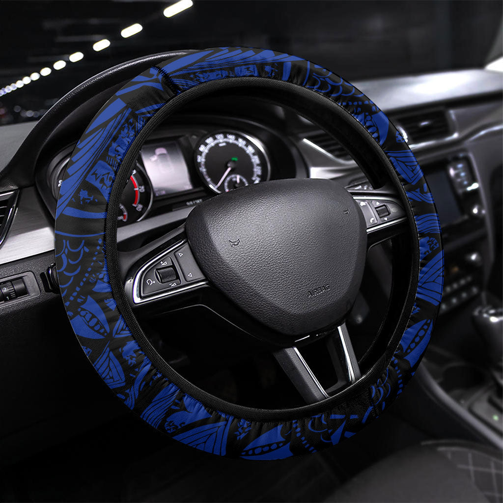 Micronesia Independence Day FSM Steering Wheel Cover Tribal Tattoo Pattern Flag Seal Heritage TS04 Universal Fit Blue Black - Polynesian Pride