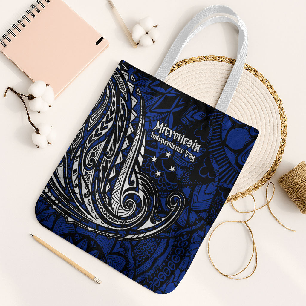 Micronesia Independence Day FSM Tote Bag Tribal Tattoo Pattern Flag Seal Heritage TS04 White Strap One Size Blue Black - Polynesian Pride