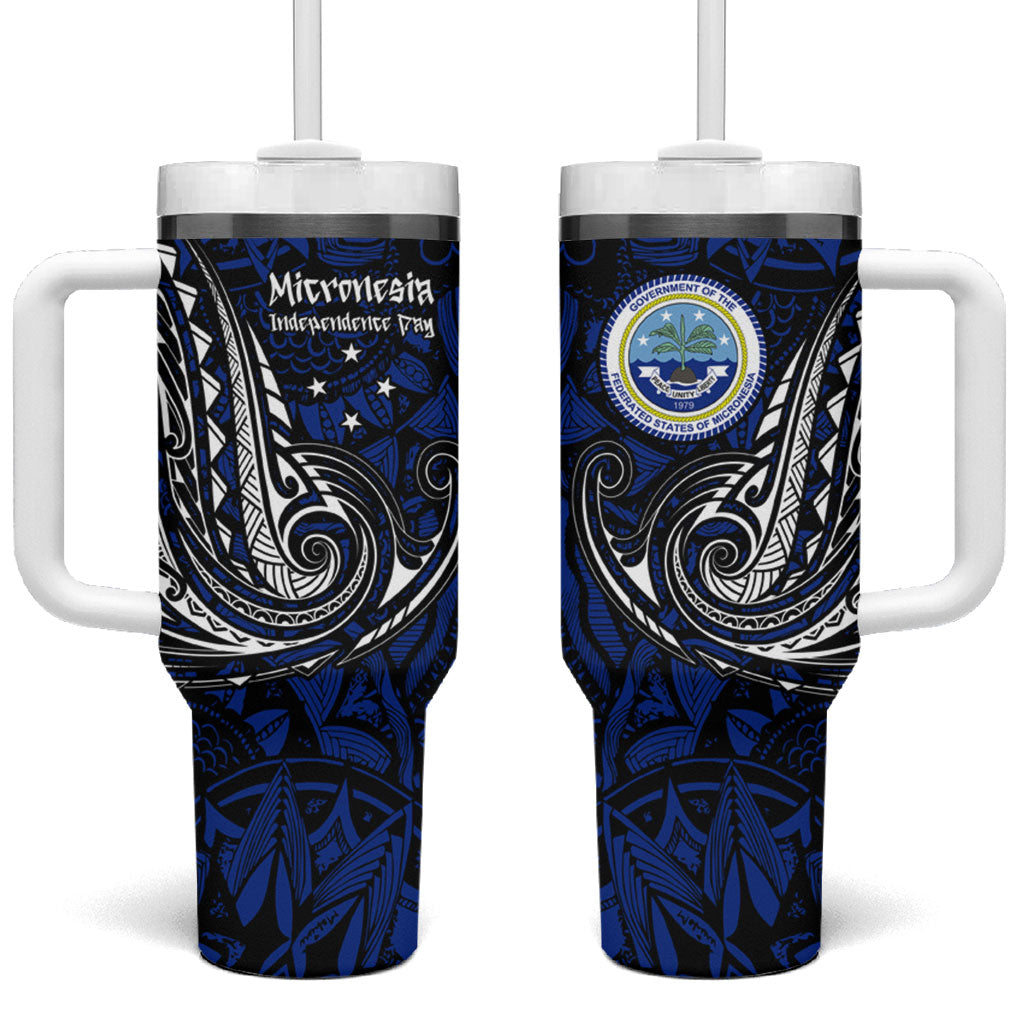 Micronesia Independence Day FSM Tumbler With Handle Tribal Tattoo Pattern Flag Seal Heritage TS04 One Size: 40 oz Blue Black - Polynesian Pride