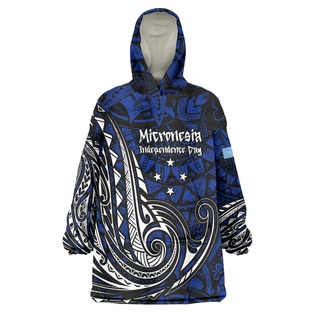 Micronesia Independence Day FSM Wearable Blanket Hoodie Tribal Tattoo Pattern Flag Seal Heritage TS04 One Size Blue Black - Polynesian Pride