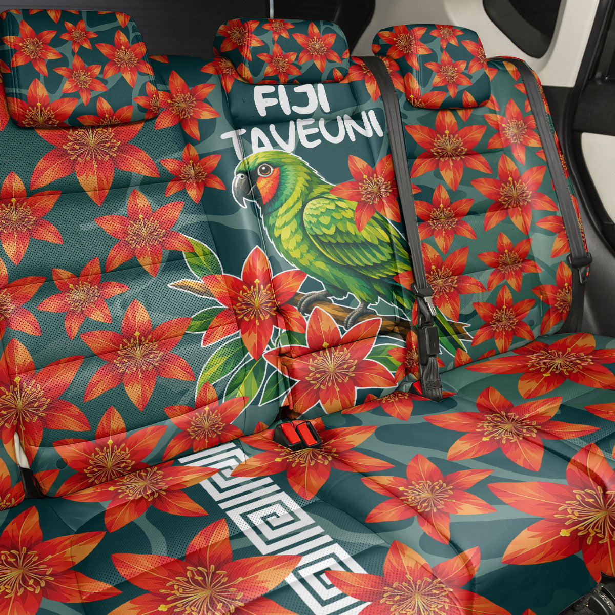 Fiji Taveuni Parrot Back Car Seat Cover Tropical Waterfall Landscape With Floral Tribal Pattern TS04 - Polynesian Pride