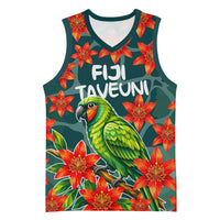 Fiji Taveuni Parrot Basketball Jersey Tropical Waterfall Landscape With Floral Tribal Pattern TS04 Unisex Green Orange - Polynesian Pride