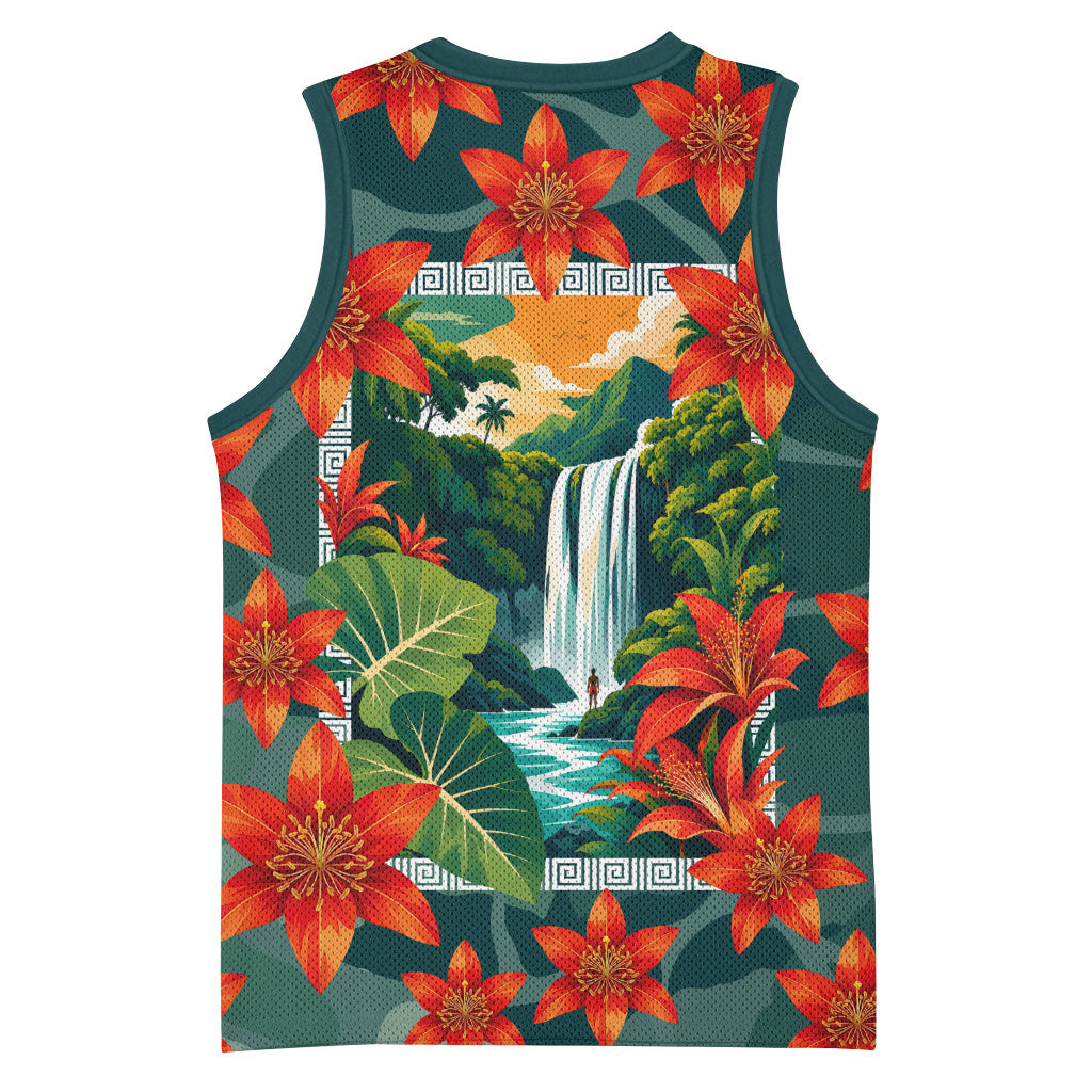 Fiji Taveuni Parrot Basketball Jersey Tropical Waterfall Landscape With Floral Tribal Pattern TS04 - Polynesian Pride