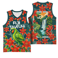 Fiji Taveuni Parrot Basketball Jersey Tropical Waterfall Landscape With Floral Tribal Pattern TS04 - Polynesian Pride