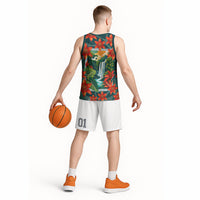 Fiji Taveuni Parrot Basketball Jersey Tropical Waterfall Landscape With Floral Tribal Pattern TS04 - Polynesian Pride