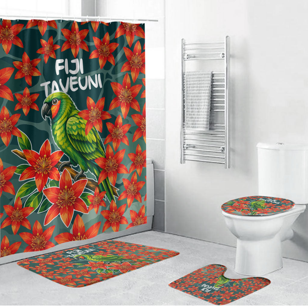Fiji Taveuni Parrot Bathroom Set Tropical Waterfall Landscape With Floral Tribal Pattern TS04 Bathroom Set (4 pcs) Green Orange - Polynesian Pride