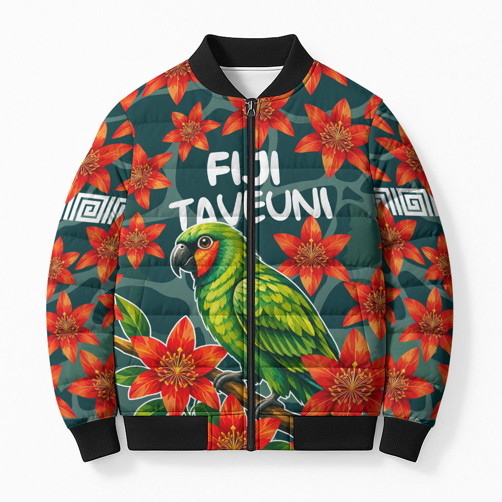 Fiji Taveuni Parrot Bomber Puffer Jacket Tropical Waterfall Landscape With Floral Tribal Pattern TS04 Unisex Green Orange - Polynesian Pride
