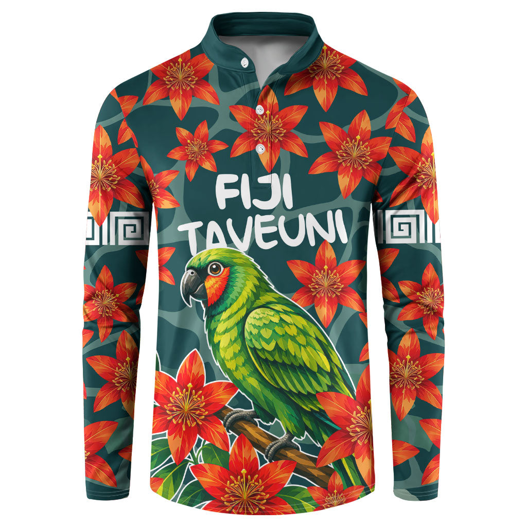 Fiji Taveuni Parrot Button Sweatshirt Tropical Waterfall Landscape With Floral Tribal Pattern TS04 Green Orange - Polynesian Pride