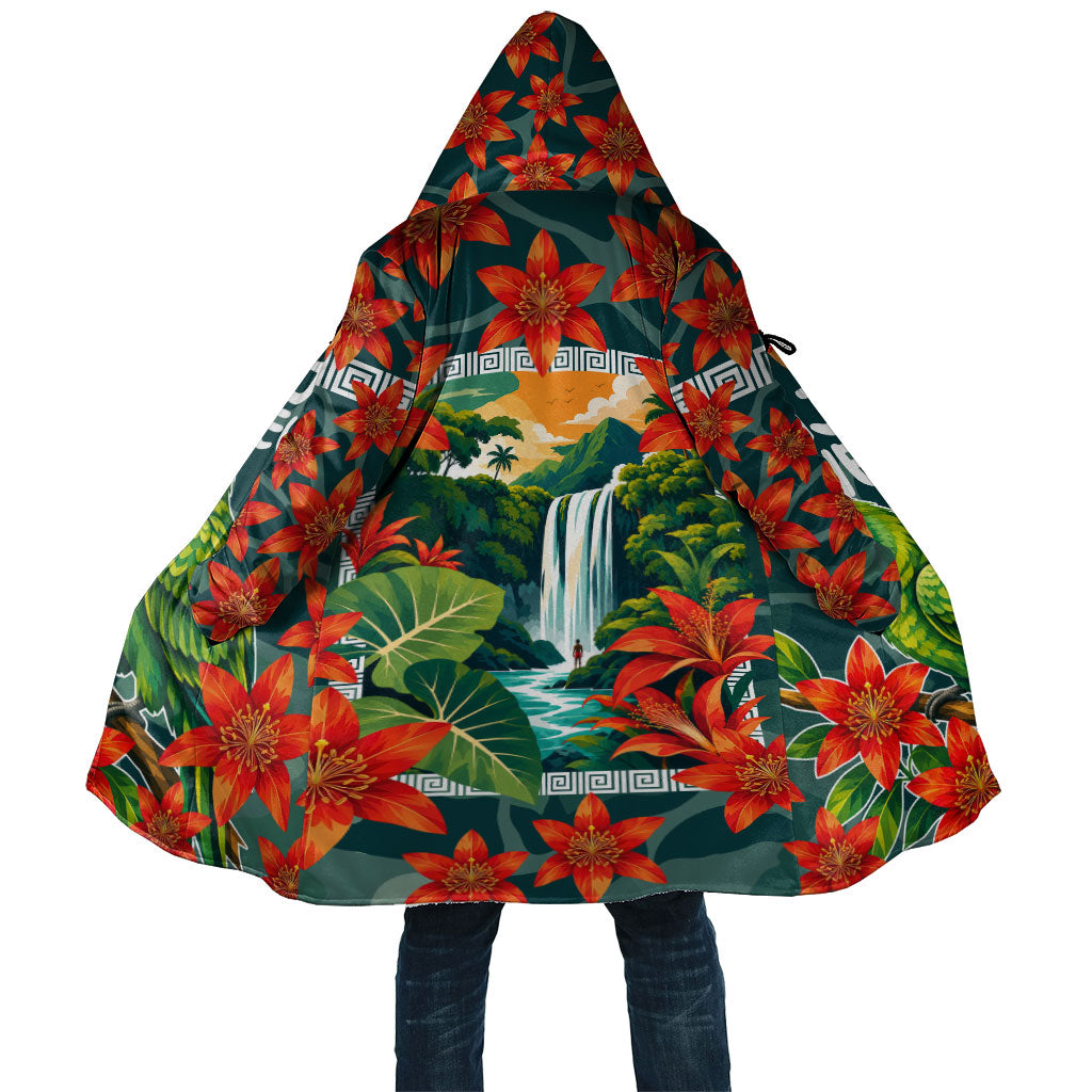 Fiji Taveuni Parrot Cloak Tropical Waterfall Landscape With Floral Tribal Pattern TS04 Unisex Green Orange - Polynesian Pride