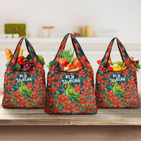 Fiji Taveuni Parrot Grocery Bag Tropical Waterfall Landscape With Floral Tribal Pattern TS04 3-pack One Size Green Orange - Polynesian Pride
