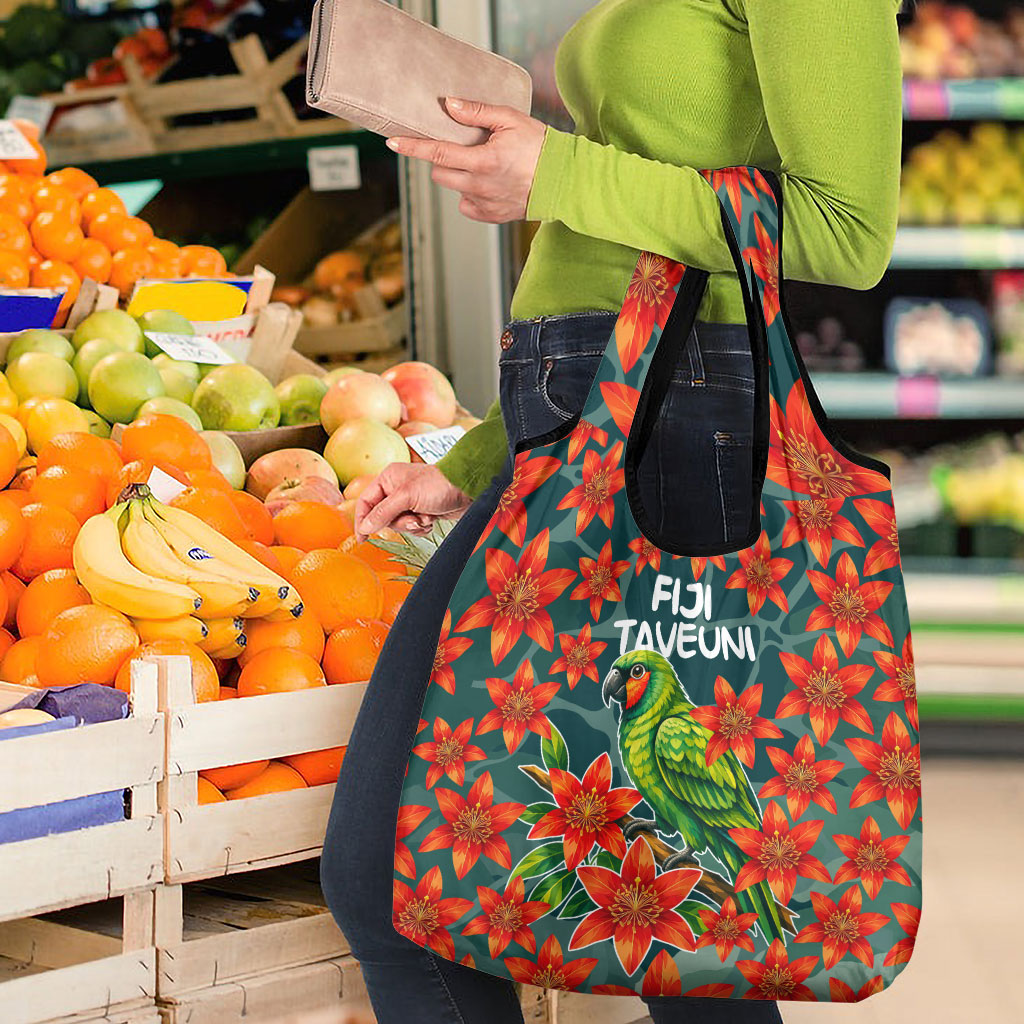 Fiji Taveuni Parrot Grocery Bag Tropical Waterfall Landscape With Floral Tribal Pattern TS04 - Polynesian Pride
