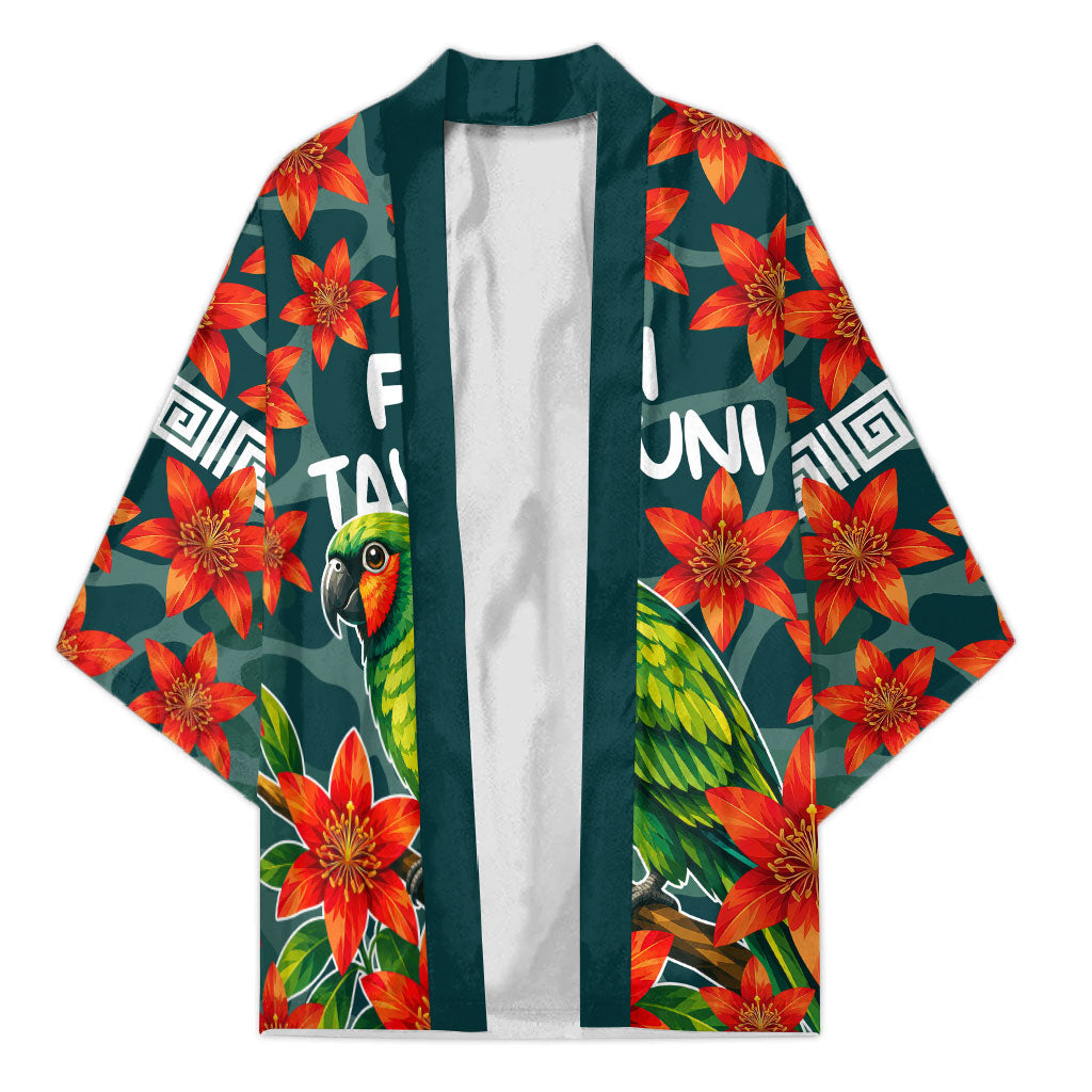 Fiji Taveuni Parrot Kimono Tropical Waterfall Landscape With Floral Tribal Pattern TS04 Unisex Green Orange - Polynesian Pride