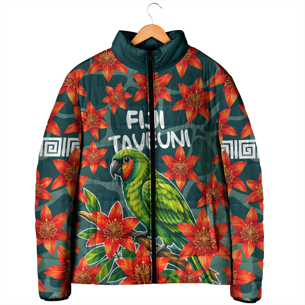 Fiji Taveuni Parrot Padded Jacket Tropical Waterfall Landscape With Floral Tribal Pattern TS04 - Polynesian Pride