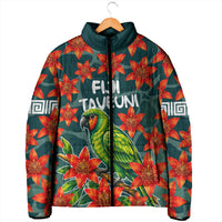 Fiji Taveuni Parrot Padded Jacket Tropical Waterfall Landscape With Floral Tribal Pattern TS04 - Polynesian Pride