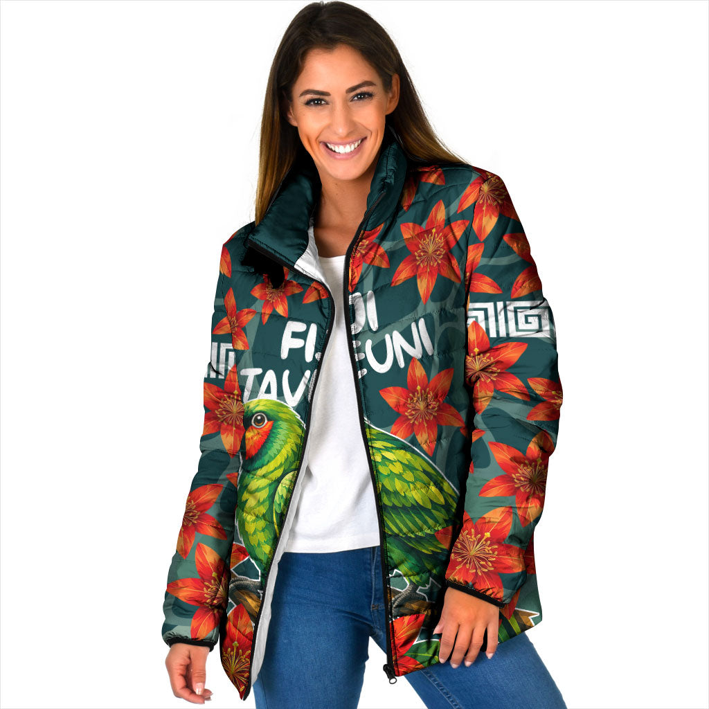 Fiji Taveuni Parrot Padded Jacket Tropical Waterfall Landscape With Floral Tribal Pattern TS04 Women Green Orange - Polynesian Pride