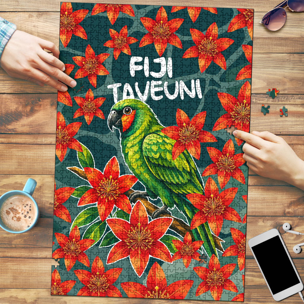 Fiji Taveuni Parrot Puzzle Tropical Waterfall Landscape With Floral Tribal Pattern TS04 Green Orange - Polynesian Pride